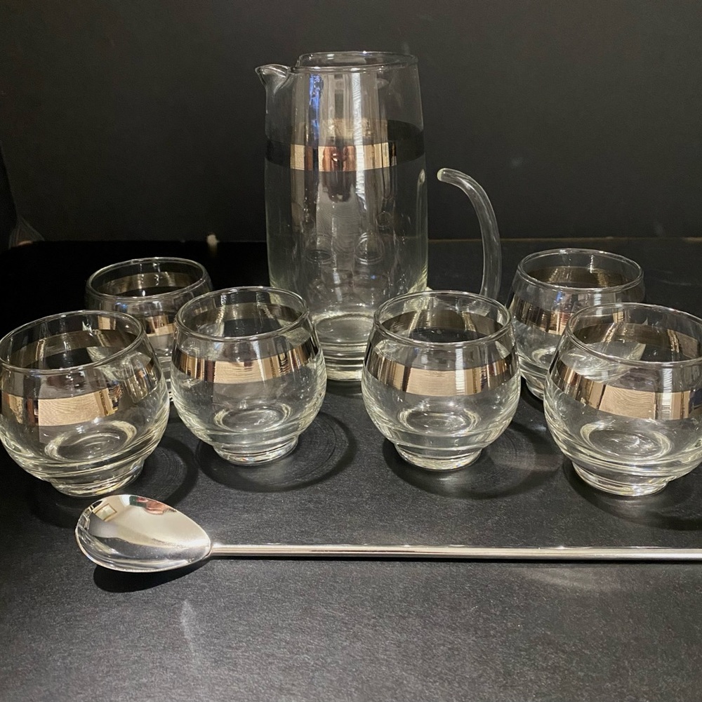 Vintage Libbey Silver Band Martini Pitcher & 6 Roly Poly Glasses & Stirrer MCM